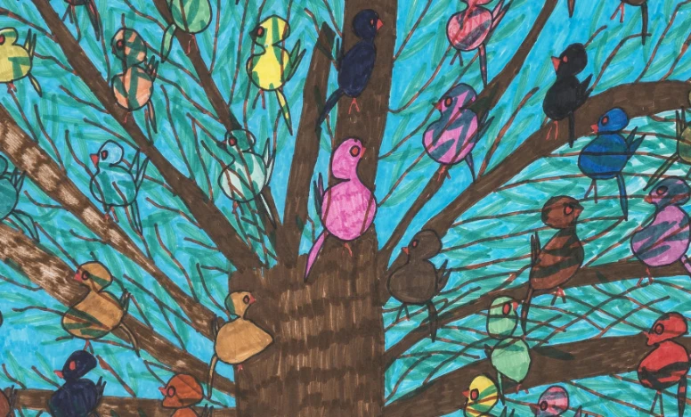 Kunstwerk von Maria Schoechlin Februar 2023 Baum mit Vögel