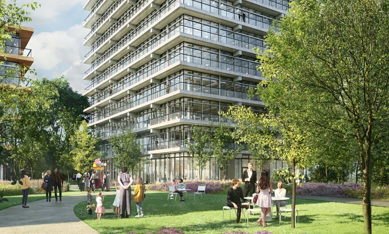 BaseLink nach der Baustelle modernes Betongebäude mit Vorgarten<br/>
