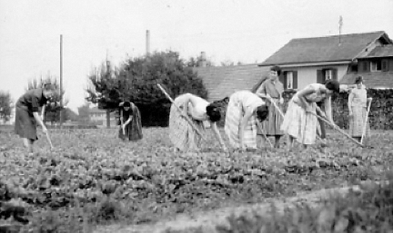 schwarz-weiss Fotografie von Frauen auf dem Feld am Ackern<br/>