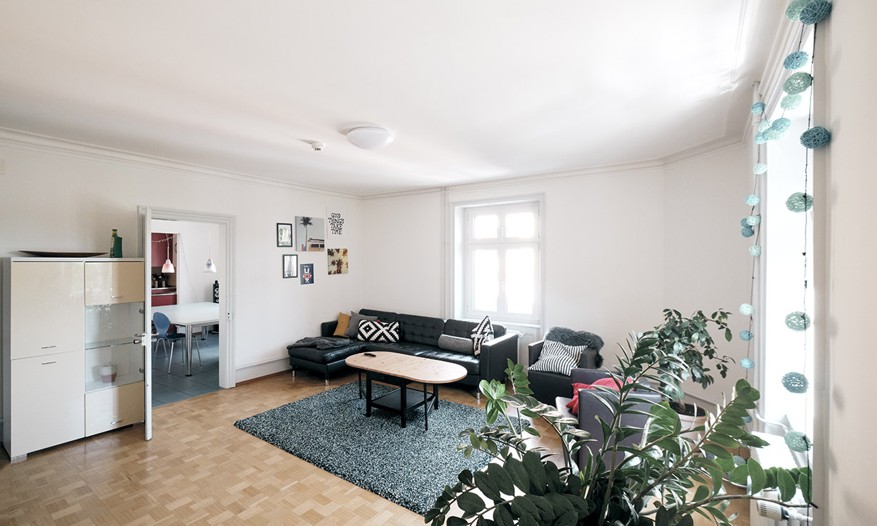 Ein helles Wohnzimmer miz einem Sofa und Pflanzen