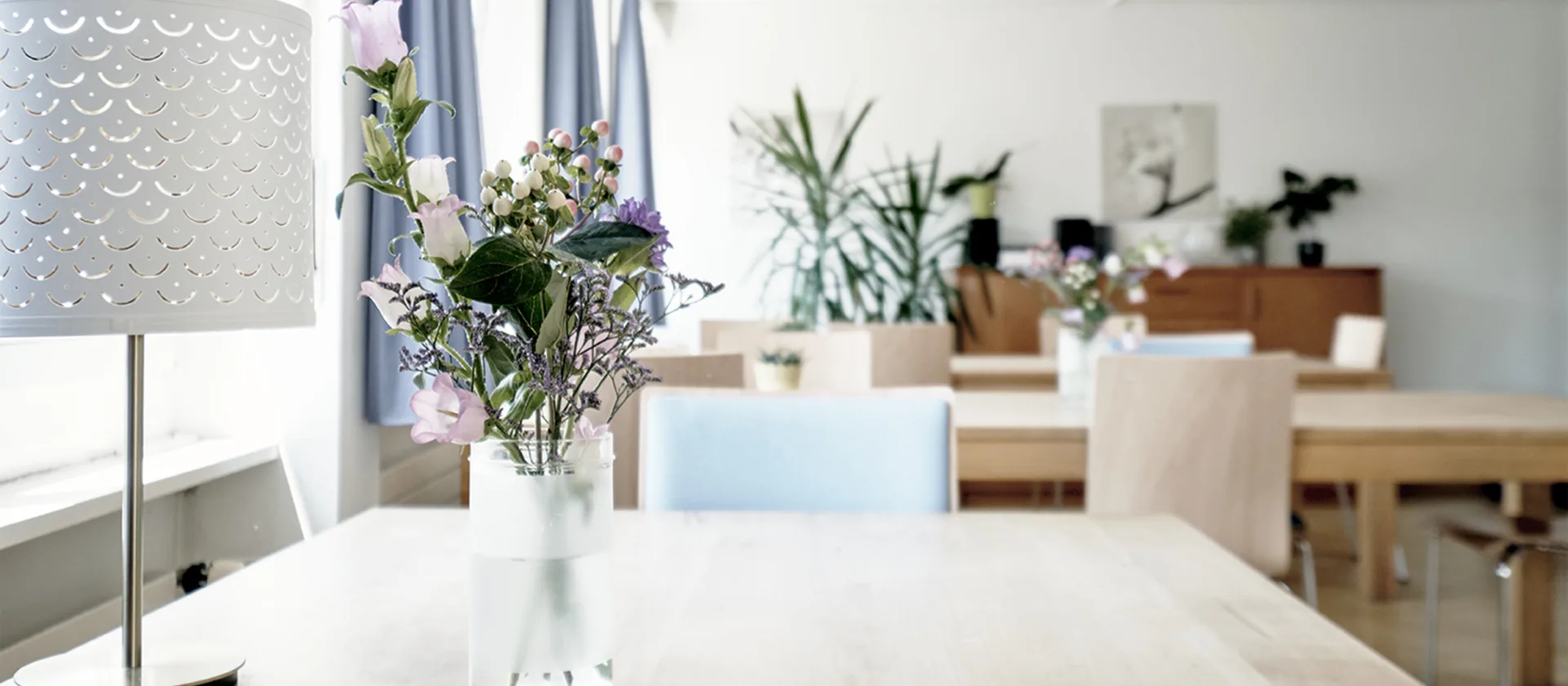 Heller Gemeinschaftsraum mit Pflanzen dekoriert